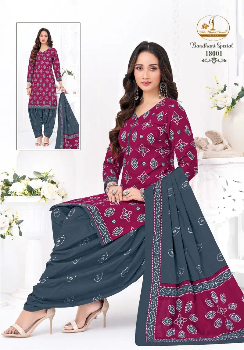 Miss World Bandhani Vol 18 Readymade Cotton Kurti With Bottom Dupatta
