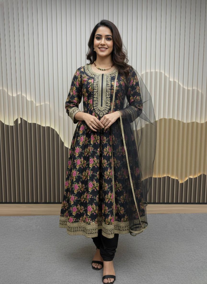 St D No 51 Crepe Silk Embroidered Kurti With Bottom Dupatta