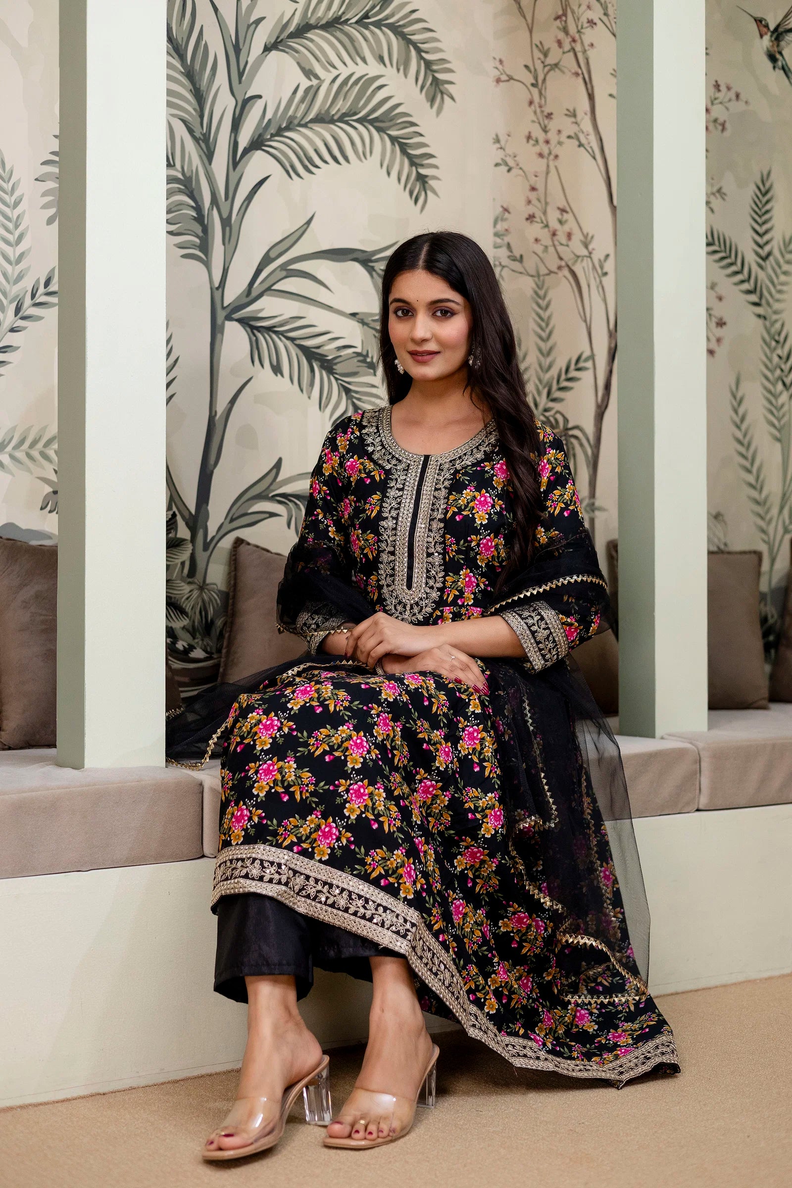 St D No 51 Crepe Silk Embroidered Kurti With Bottom Dupatta