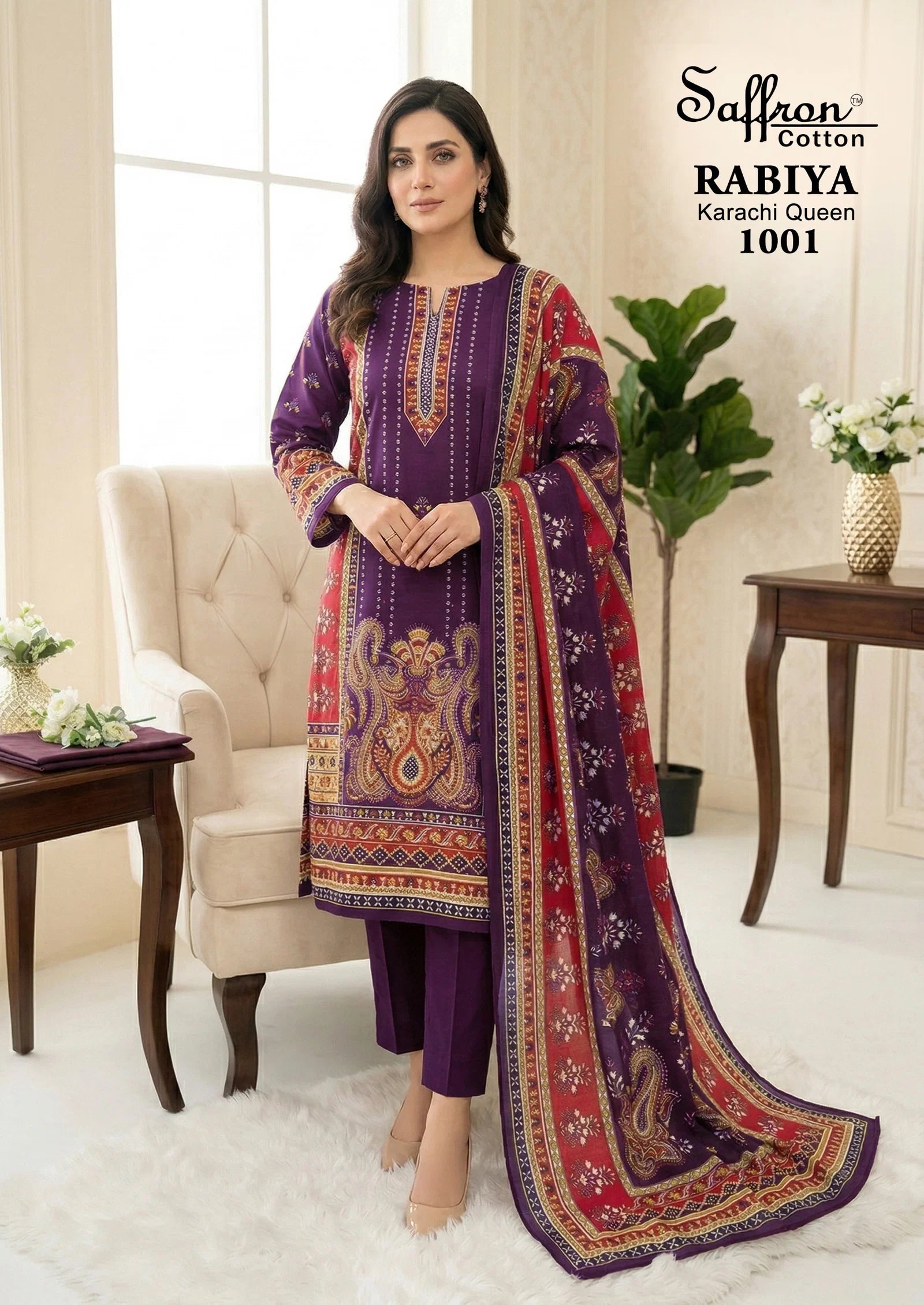 Saffron Rabiya Karachi Queen Cotton Digital Printed Dress Material Collection