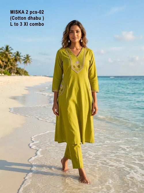 De Miska Cotton Dhabu Embroidered Fancy Kurti With Bottom Collection