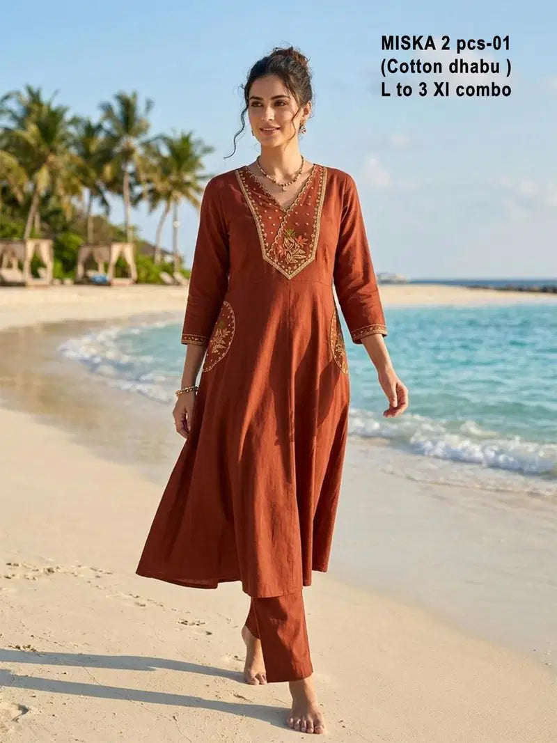 De Miska Cotton Dhabu Embroidered Fancy Kurti With Bottom Collection