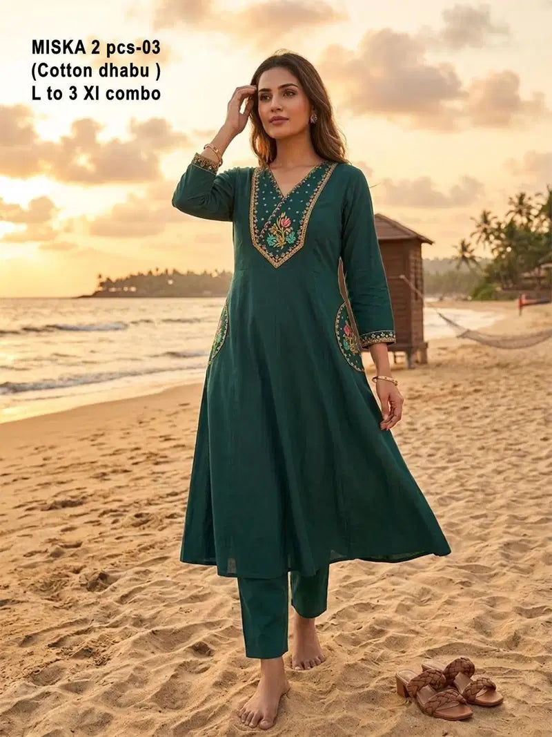 De Miska Cotton Dhabu Embroidered Fancy Kurti With Bottom Collection