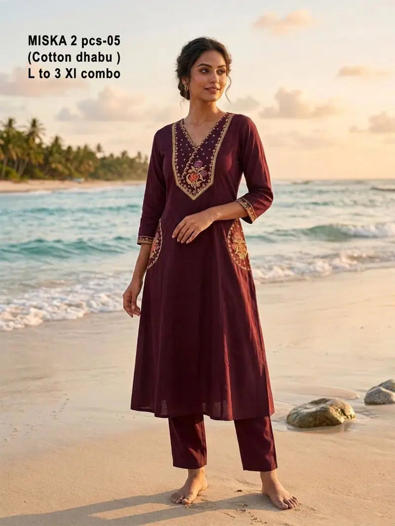 De Miska Cotton Dhabu Embroidered Fancy Kurti With Bottom Collection