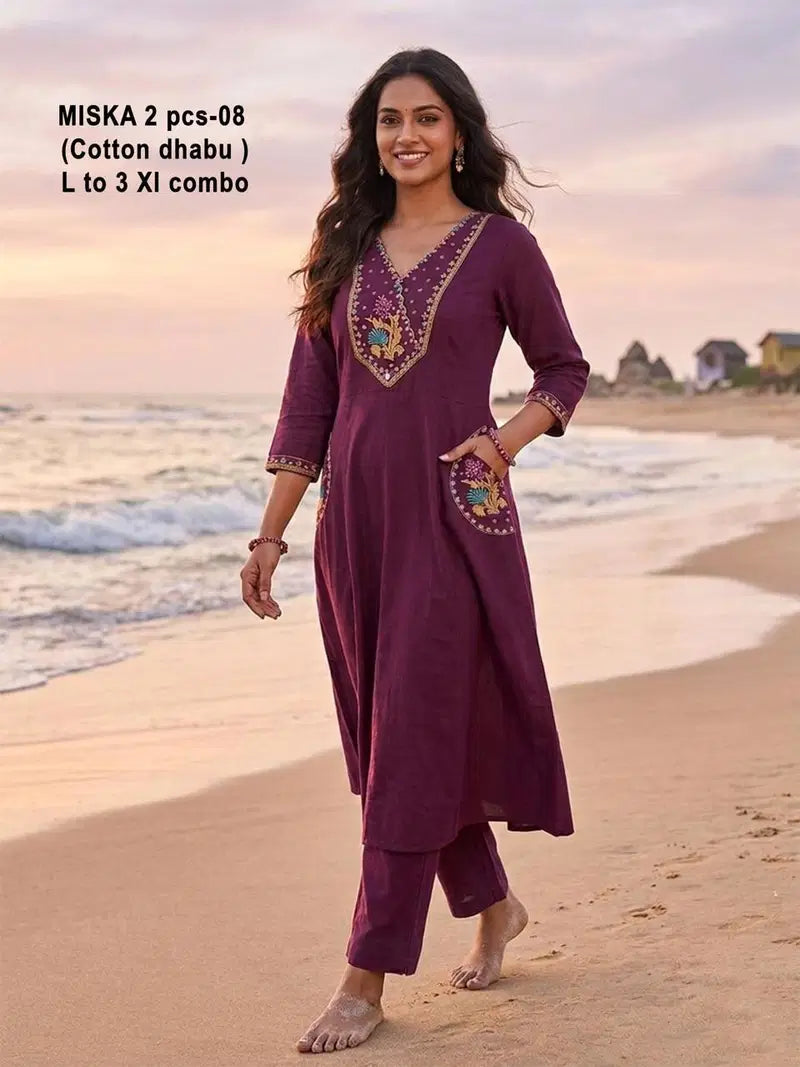 De Miska Cotton Dhabu Embroidered Fancy Kurti With Bottom Collection
