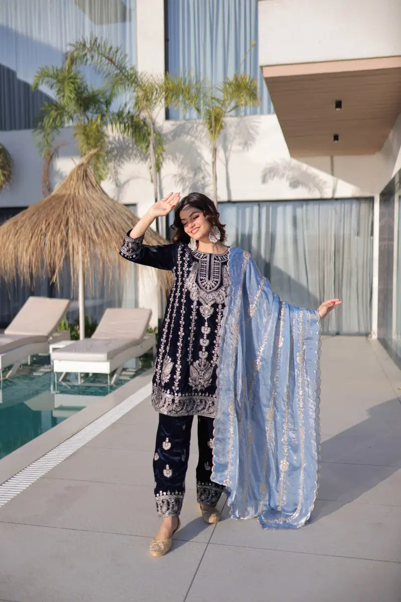 Ka 1228 Velvet Rich Zari Embroidered Top Bottom with Dupatta Collection