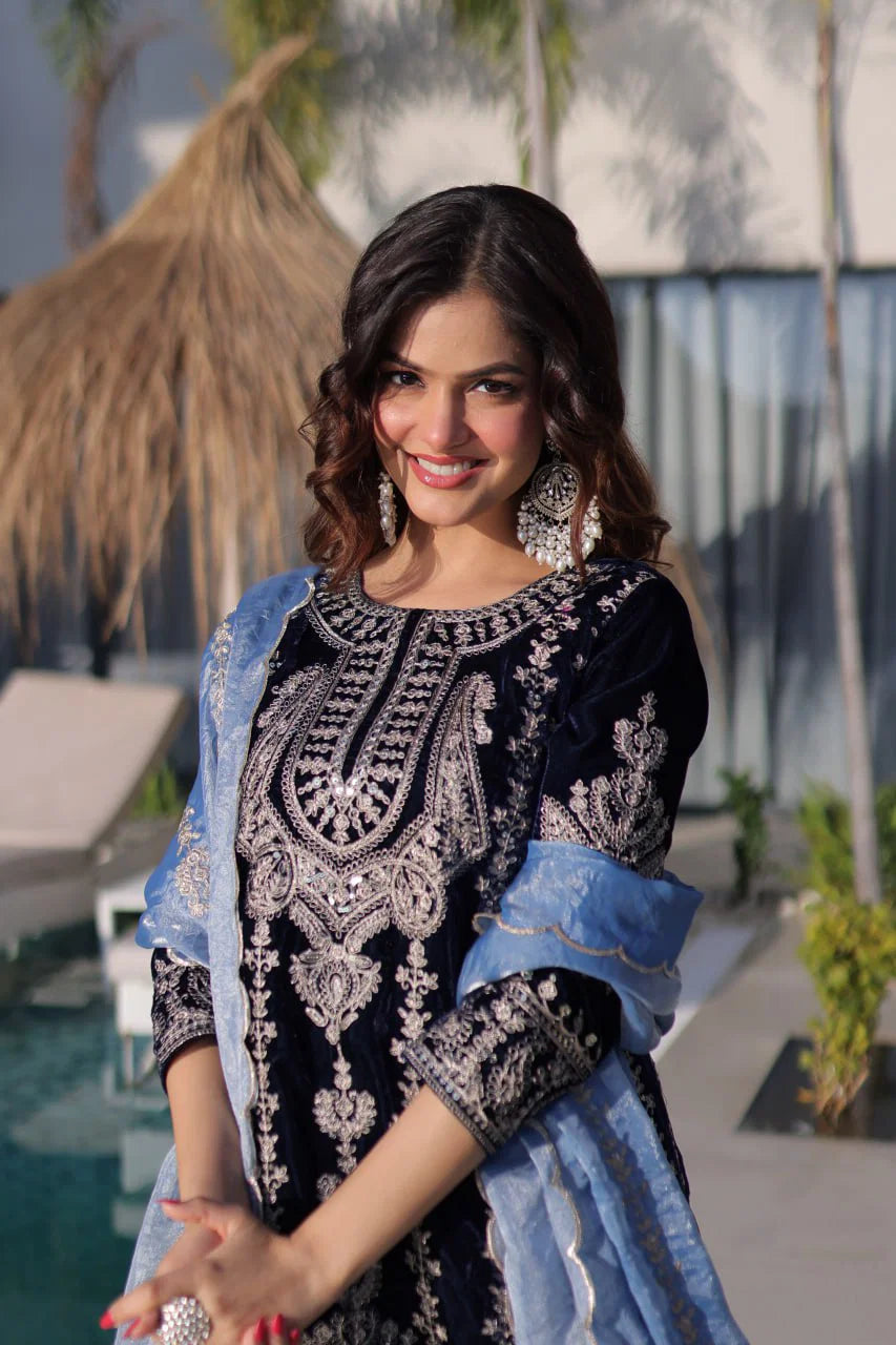 Ka 1228 Velvet Rich Zari Embroidered Top Bottom with Dupatta Collection