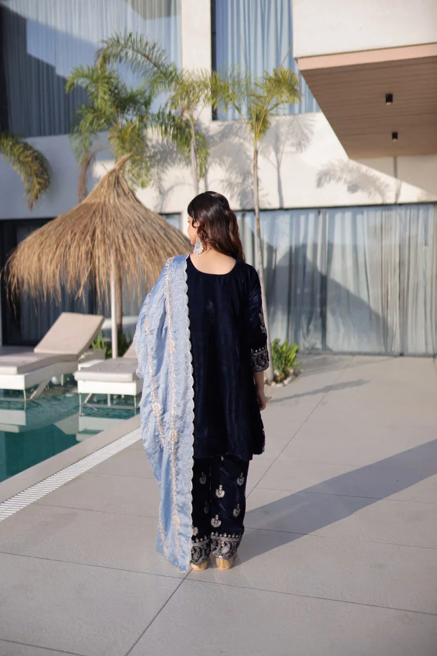 Ka 1228 Velvet Rich Zari Embroidered Top Bottom with Dupatta Collection
