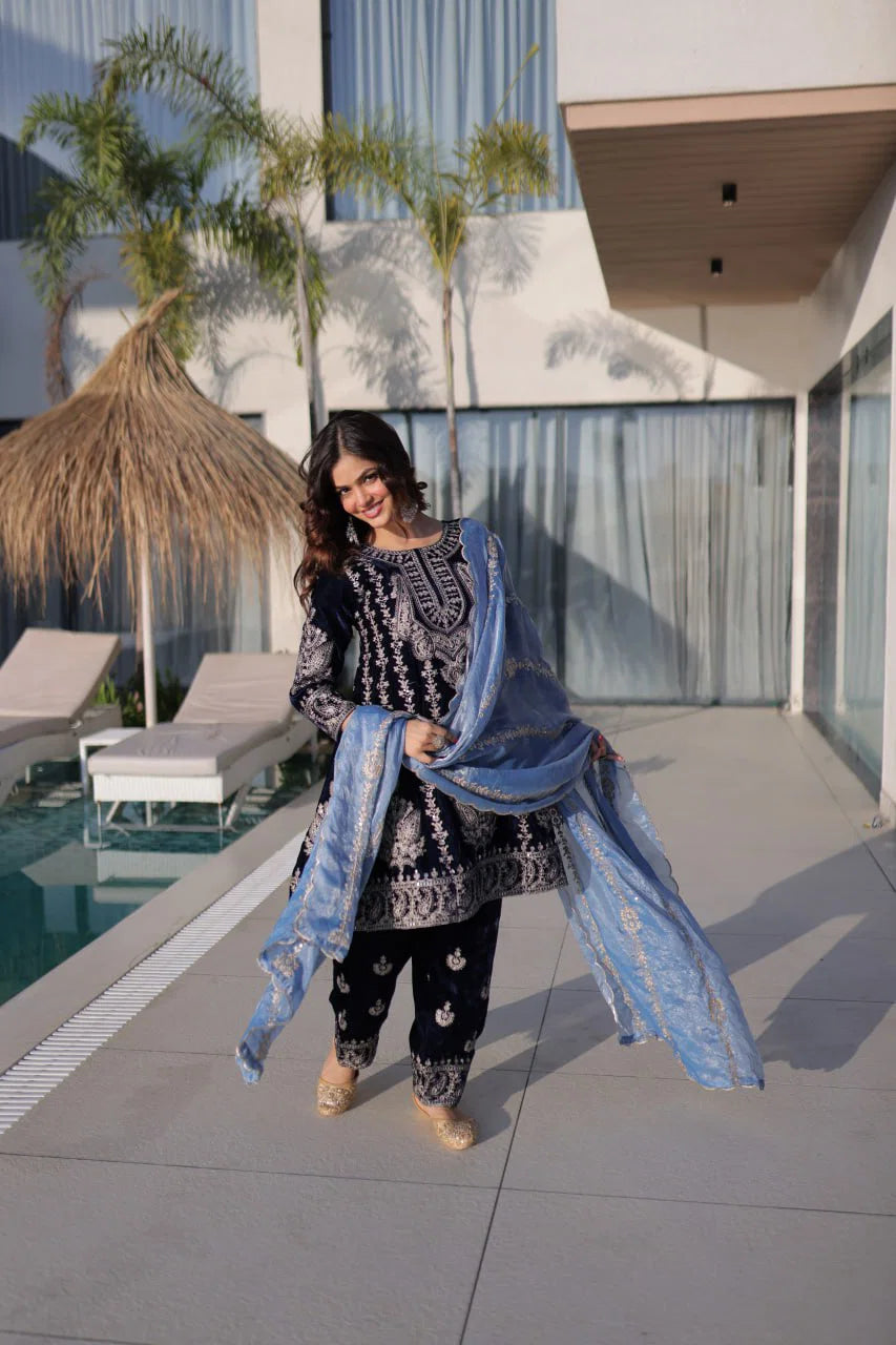 Ka 1228 Velvet Rich Zari Embroidered Top Bottom with Dupatta Collection