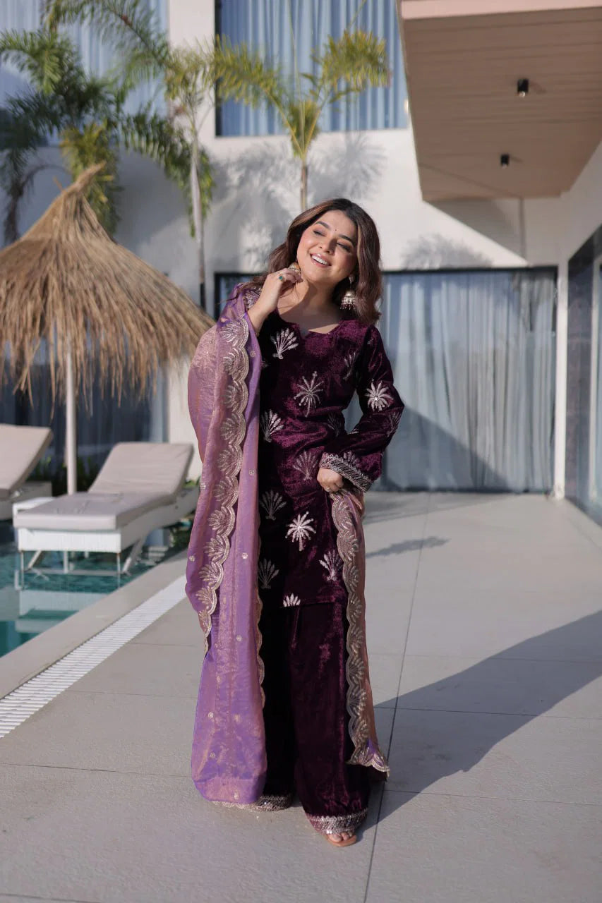 Ka 1220 Ice Velvet Zari Embroidered Designer Kurti With Bottom Dupatta