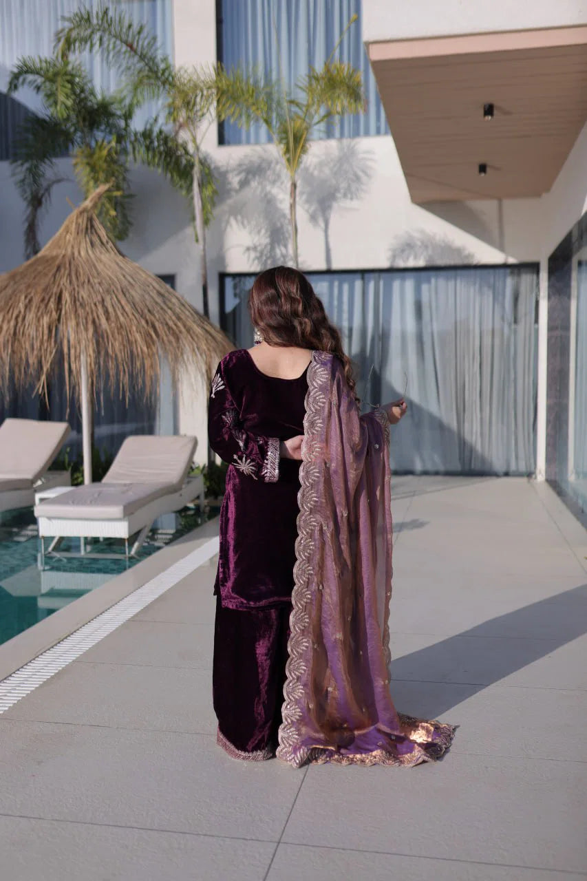 Ka 1220 Ice Velvet Zari Embroidered Designer Kurti With Bottom Dupatta