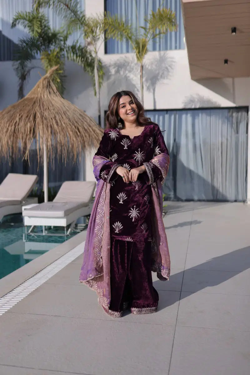 Ka 1220 Ice Velvet Zari Embroidered Designer Kurti With Bottom Dupatta
