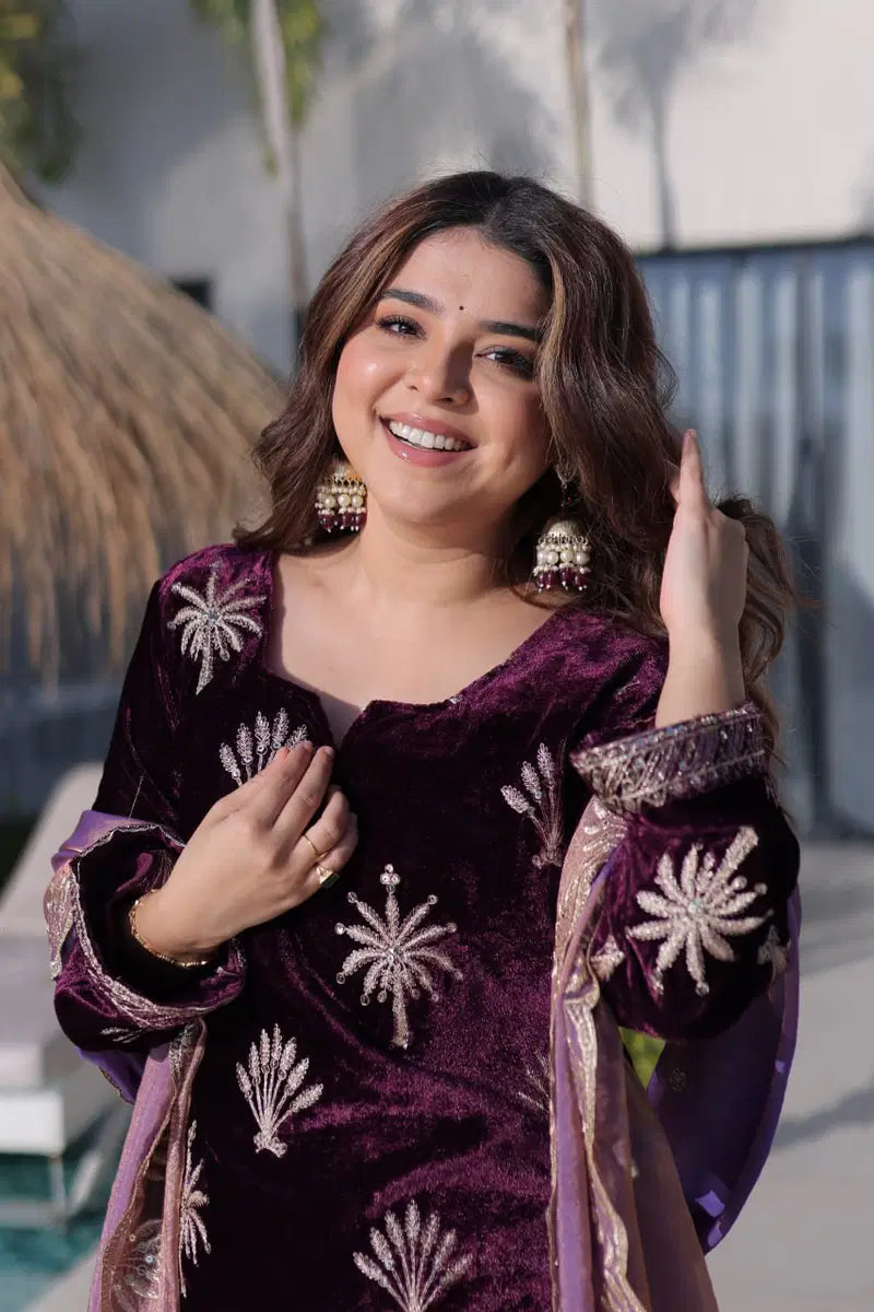 Ka 1220 Ice Velvet Zari Embroidered Designer Kurti With Bottom Dupatta