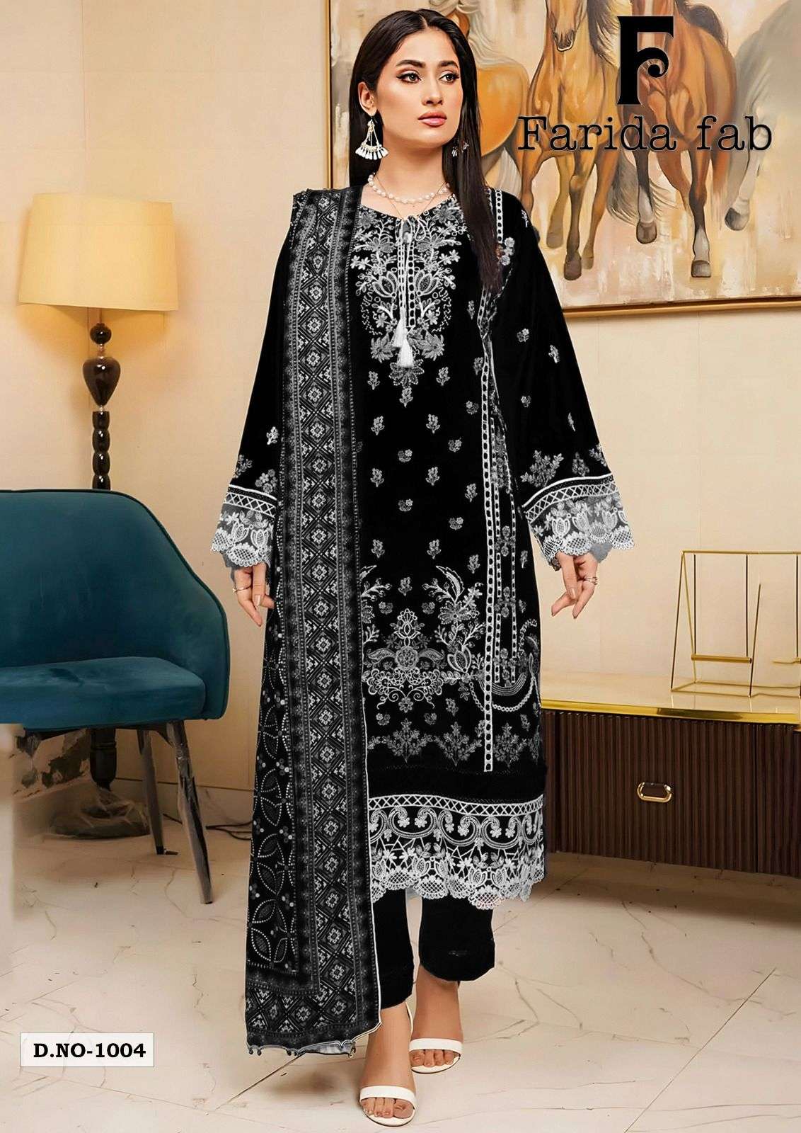 Farida Black And White Readymade Cotton Printed Kurti Pant With Dupatta