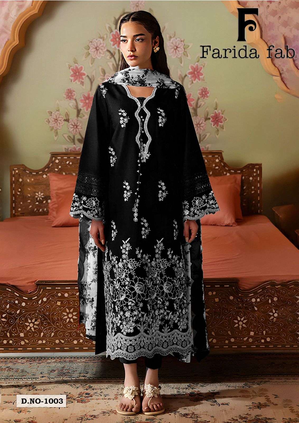Farida Black And White Readymade Cotton Printed Kurti Pant With Dupatta