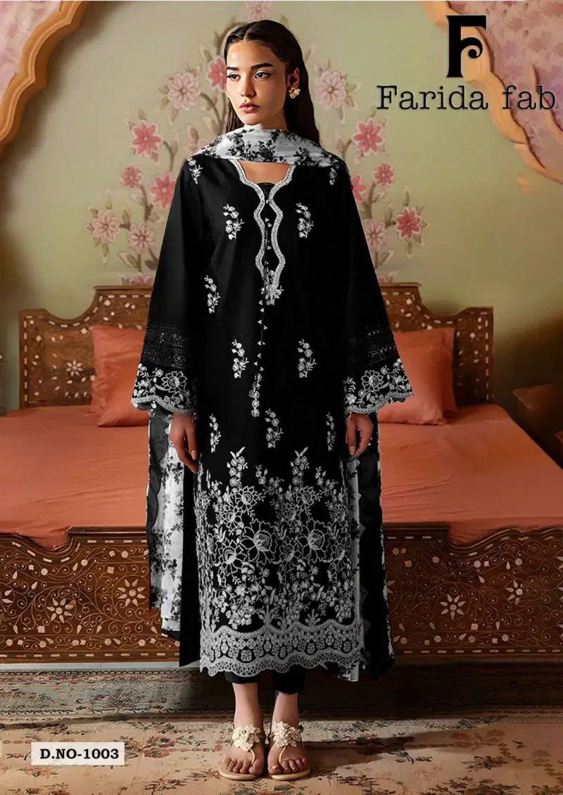 Farida Black And White Readymade Cotton Printed Kurti Pant With Dupatta