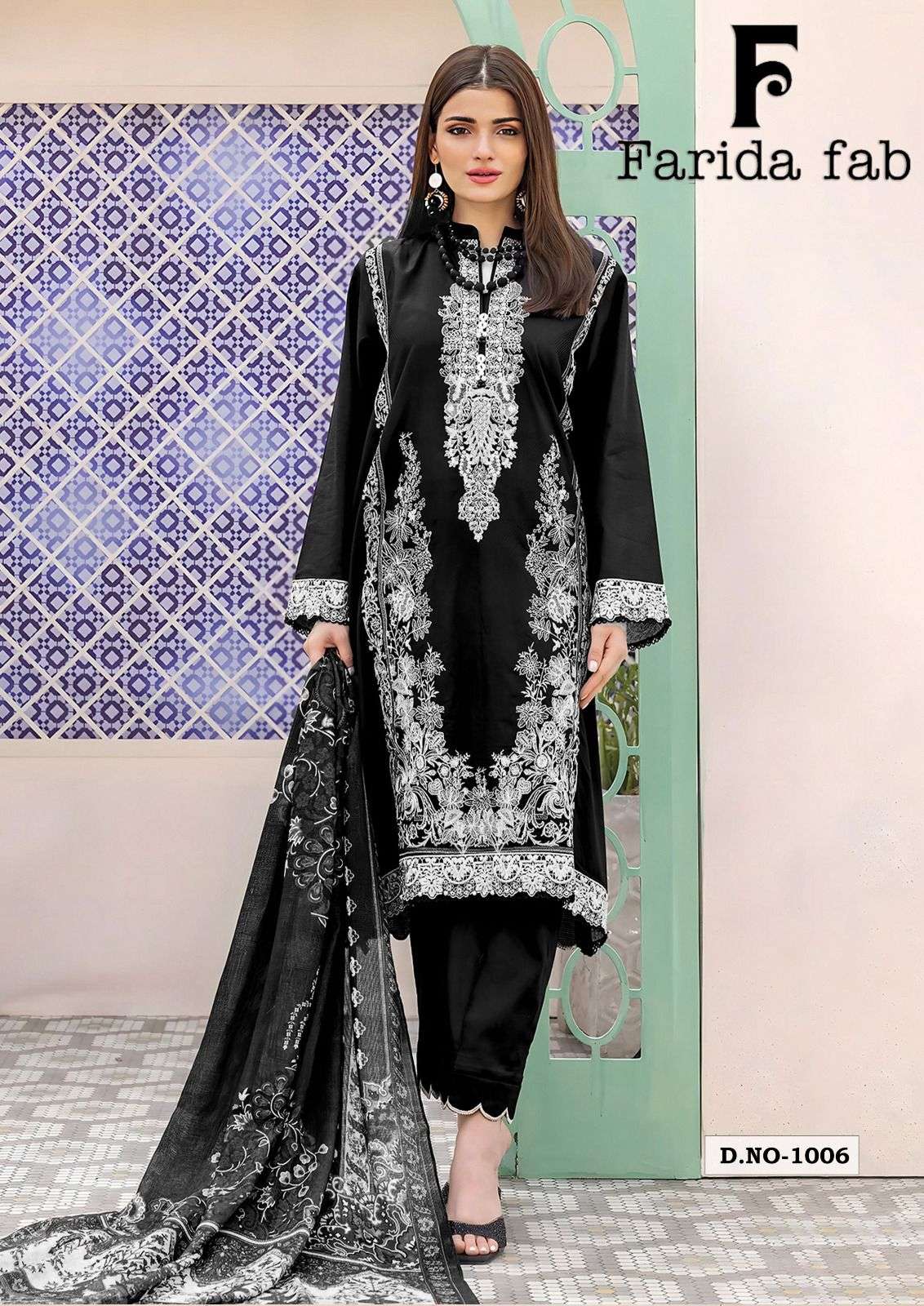 Farida Black And White Readymade Cotton Printed Kurti Pant With Dupatta
