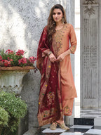 Vp 9480 Peach Vichitra Silk Kurti With Bottom Dupatta