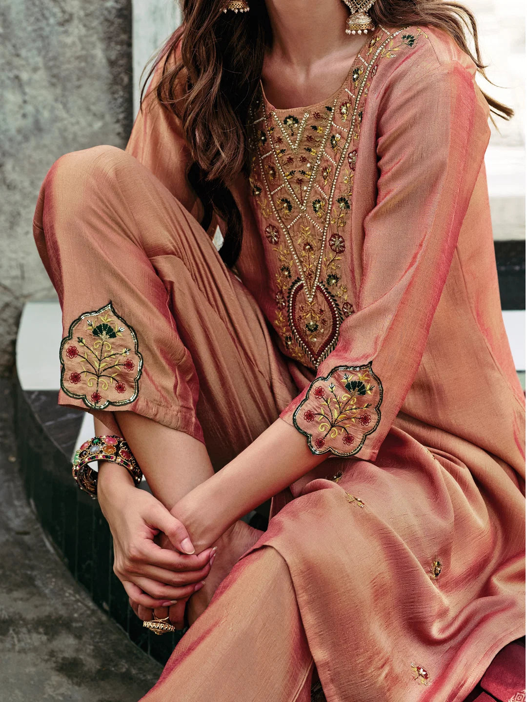 Vp 9480 Peach Vichitra Silk Kurti With Bottom Dupatta