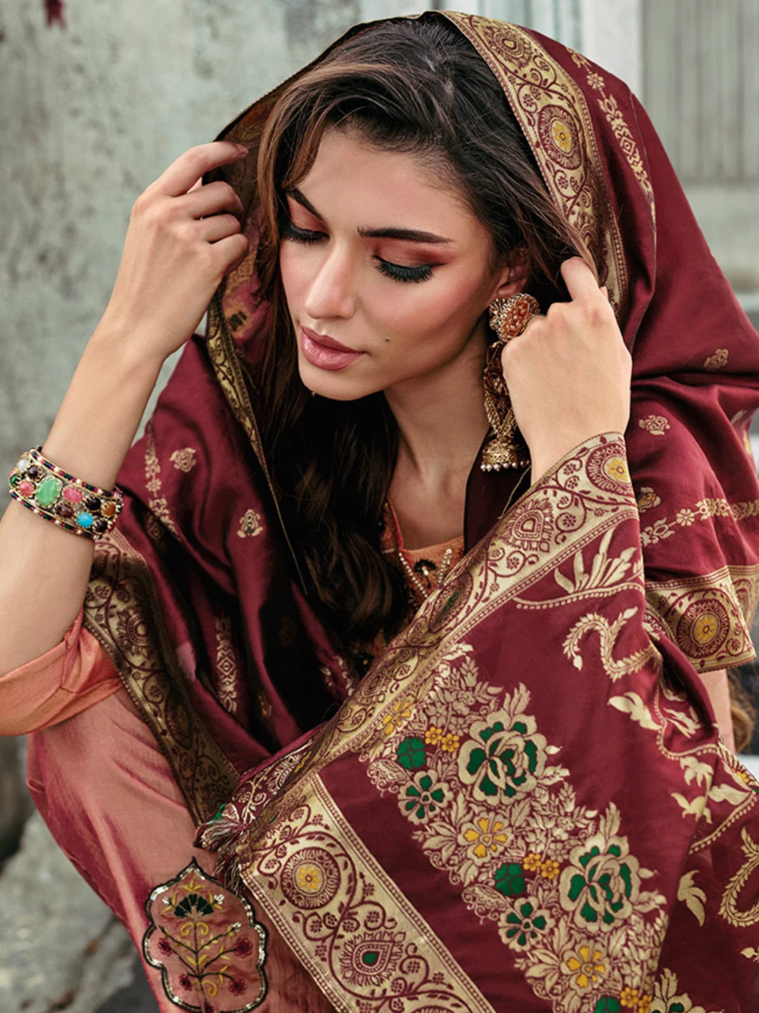 Vp 9480 Peach Vichitra Silk Kurti With Bottom Dupatta