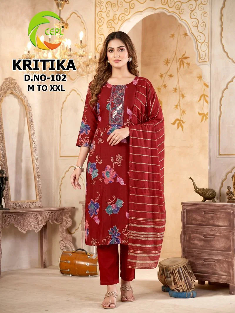 Kritika D No 101 To 08 Vertican Discharge Printed Kurti Pant With Dupatta