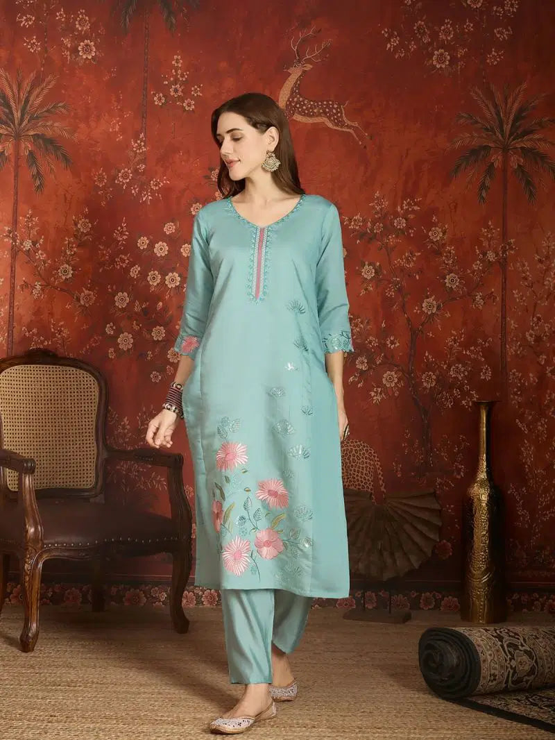 Md Mahi 15 Roman Silk With Embroidery Work Kurti Set Collection