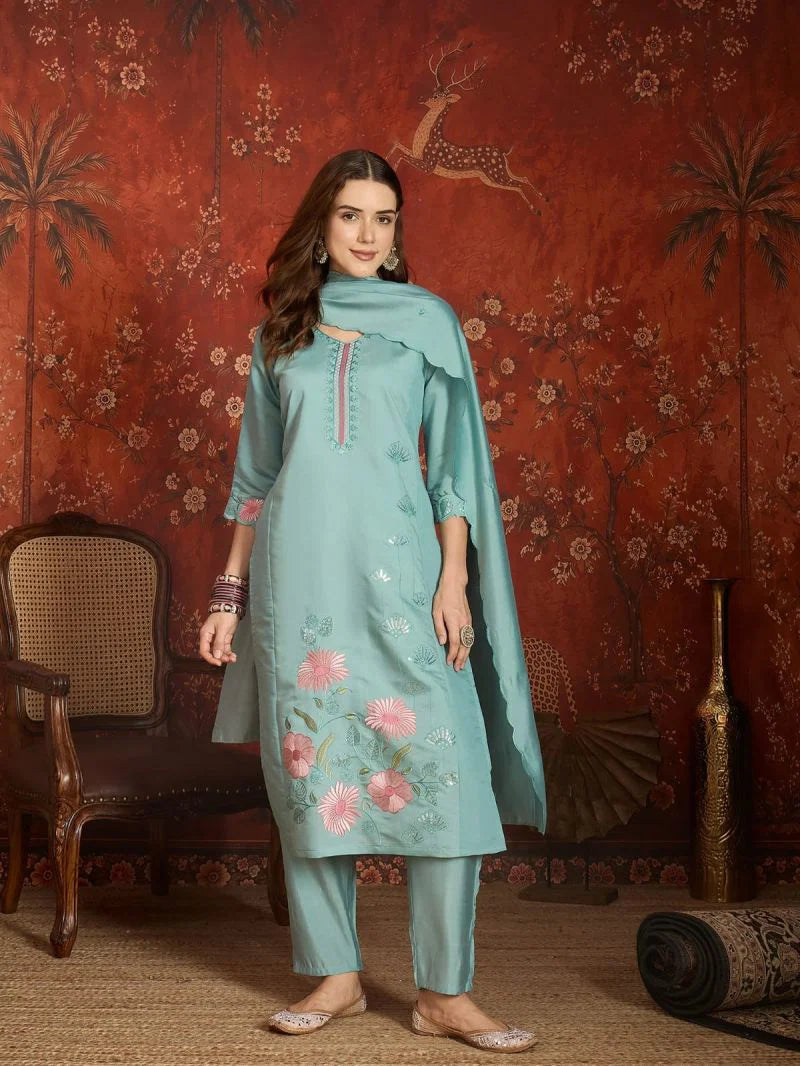 Md Mahi 15 Roman Silk With Embroidery Work Kurti Set Collection