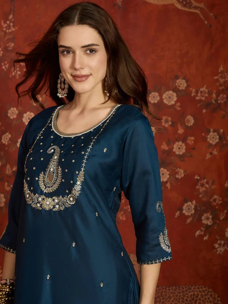 Md Mahi 16 Roman Silk Handworked Kurti With Bottom Dupatta