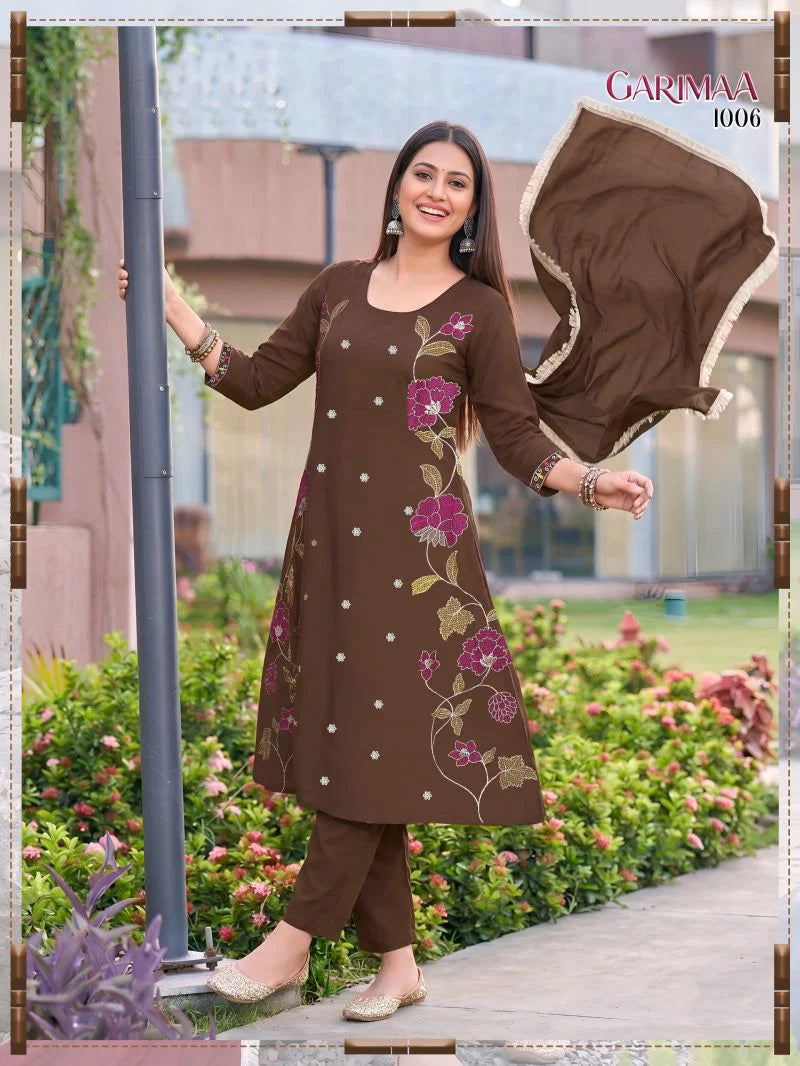 Garimaa Vol 1 Roman Silk Embroidered Kurti Pant With Dupatta