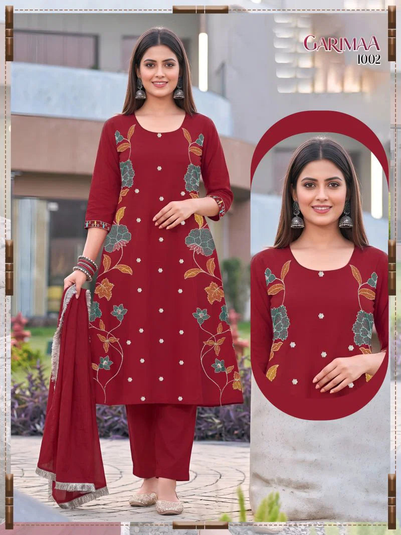 Garimaa Vol 1 Roman Silk Embroidered Kurti Pant With Dupatta