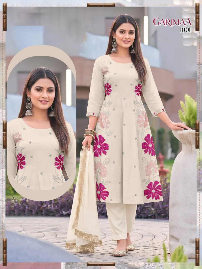 Garimaa Vol 1 Roman Silk Embroidered Kurti Pant With Dupatta