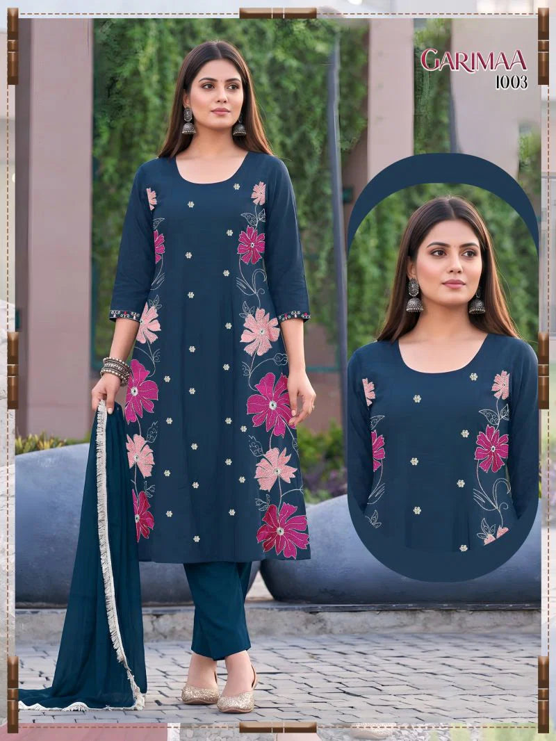 Garimaa Vol 1 Roman Silk Embroidered Kurti Pant With Dupatta