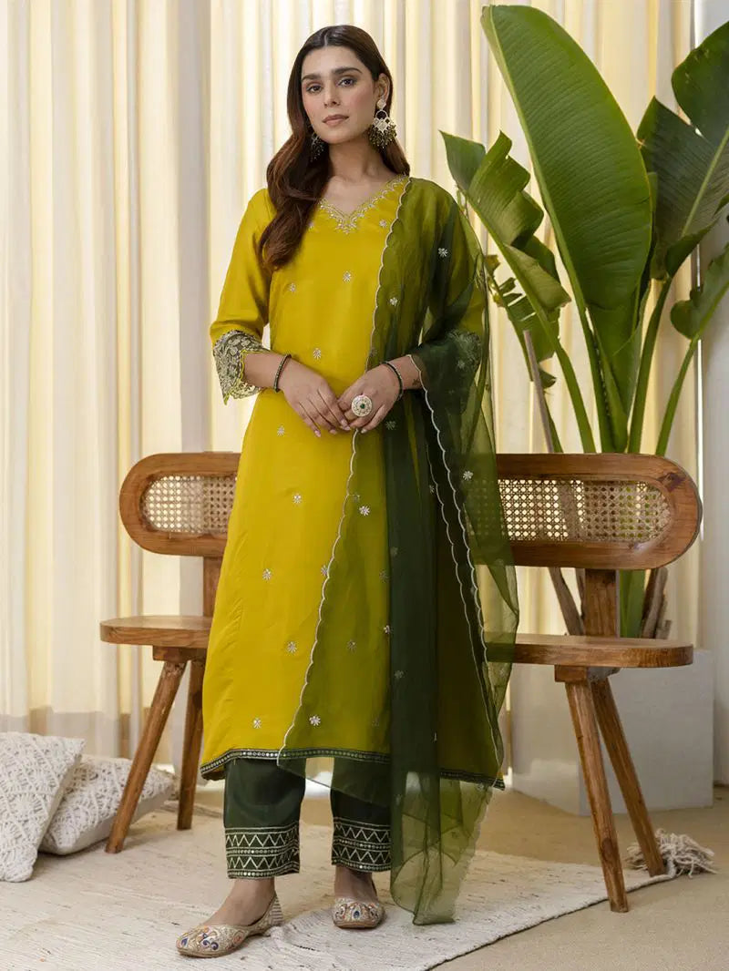 Vp 9809 Lemon Brownie Silk Blend Embriudered Kurti Set