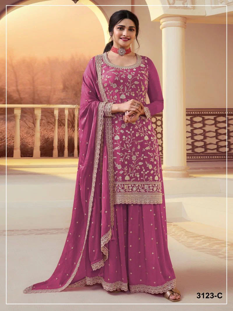 3123 A To D Master Colors Chinon Embroidered Kurti With Bottom Dupatta