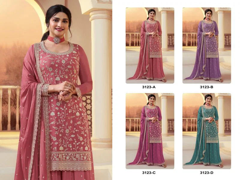 3123 A To D Master Colors Chinon Embroidered Kurti With Bottom Dupatta