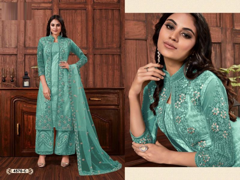 4570 Master Colors Butterfly Net Embroidered Kurti Bottom Dupatta With Koti Full Catalog available at wholesale rate.