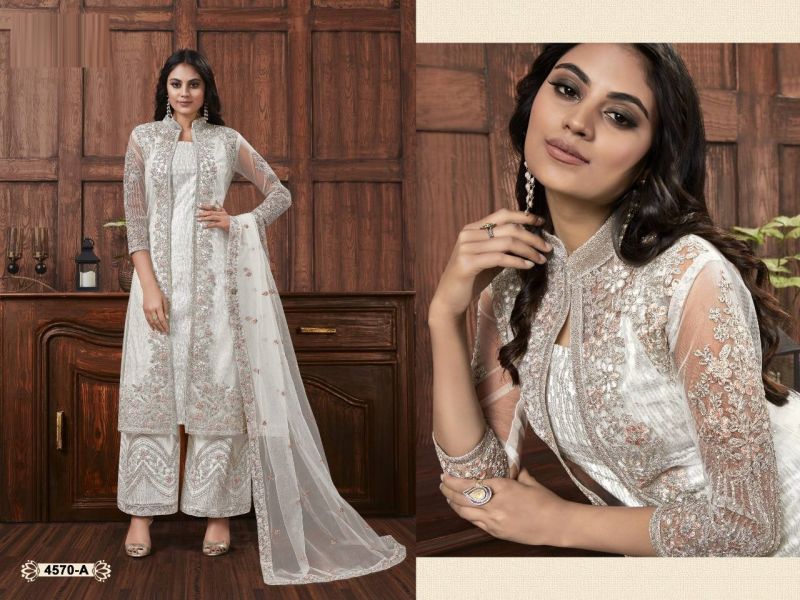 4570 Master Colors Butterfly Net Embroidered Kurti Bottom Dupatta With Koti Full Catalog available at wholesale rate.