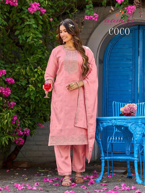 Aanchi Coco Roman Glass Embroidered Kurti With Bottom Dupatta