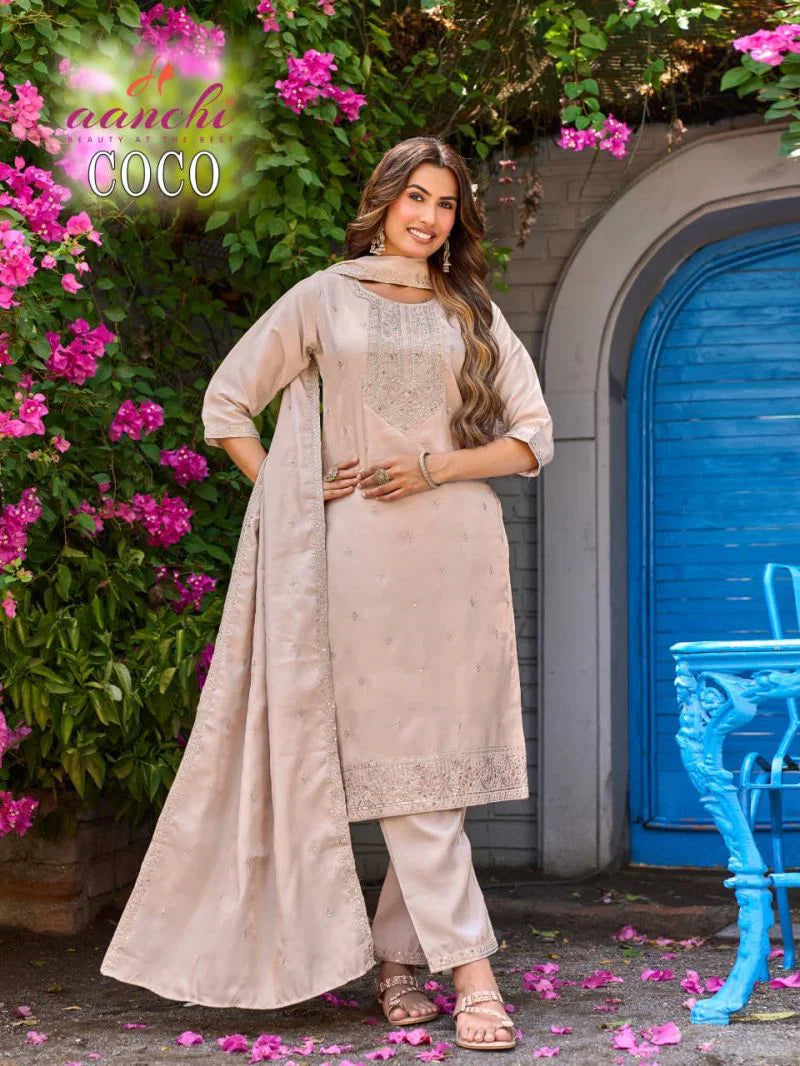 Aanchi Coco Roman Glass Embroidered Kurti With Bottom Dupatta