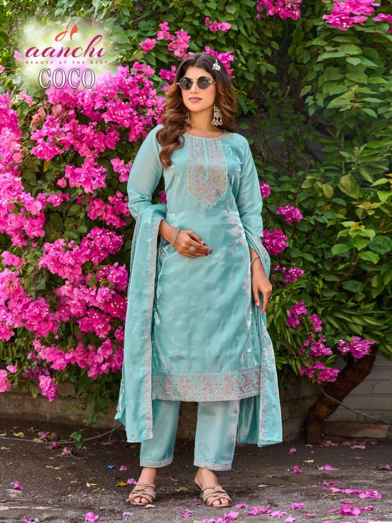 Aanchi Coco Roman Glass Embroidered Kurti With Bottom Dupatta