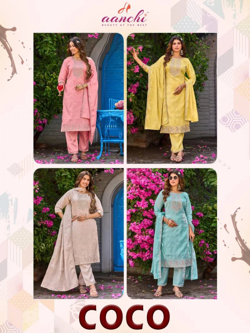 Aanchi Coco Roman Glass Embroidered Kurti With Bottom Dupatta
