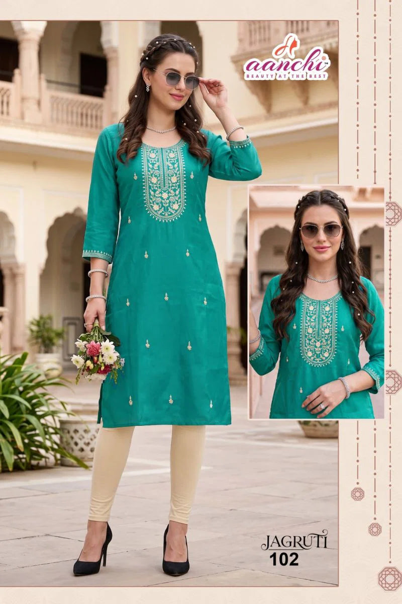 Aanchi Jagruti Glass Silk Embroidered Kurti Collection