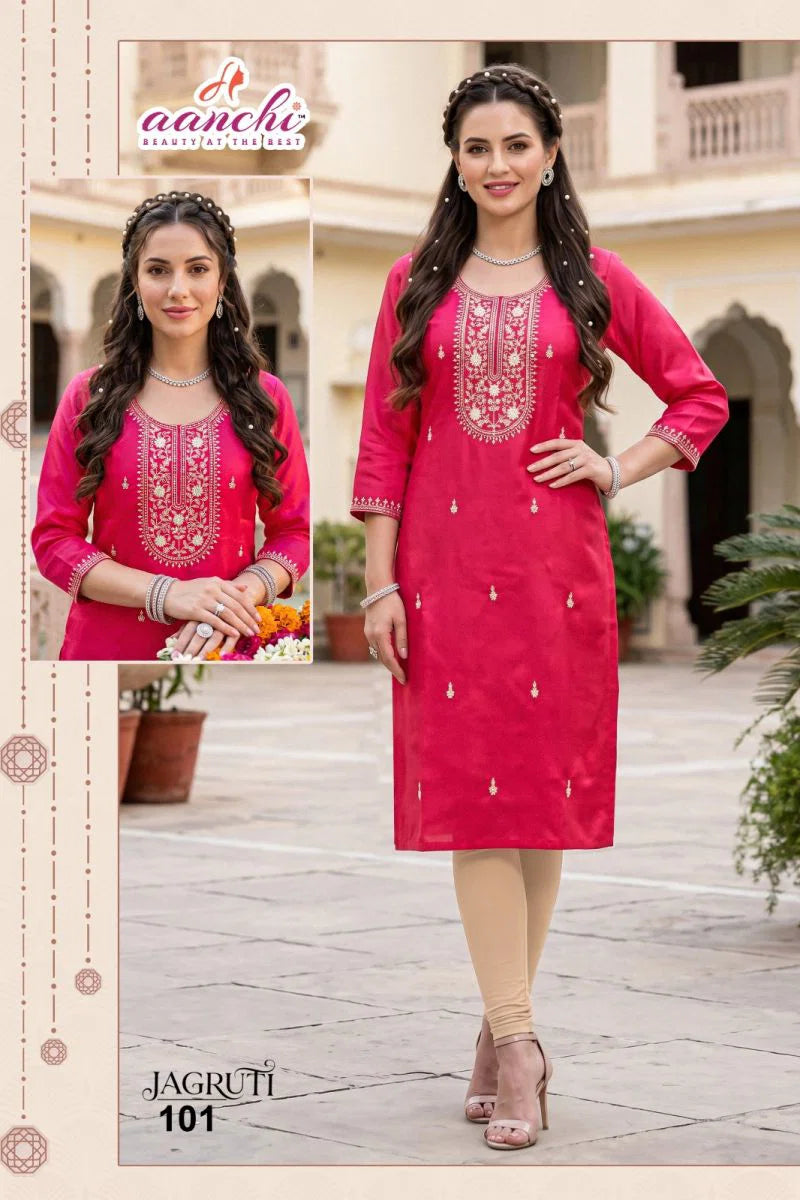 Aanchi Jagruti Glass Silk Embroidered Kurti Collection
