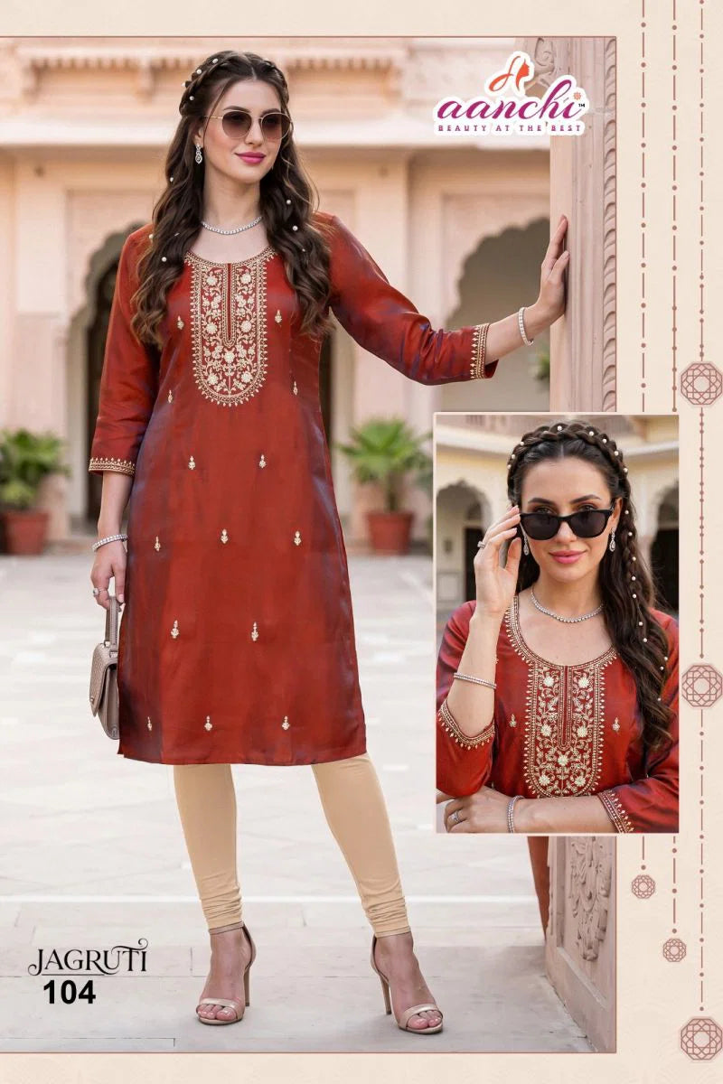Aanchi Jagruti Glass Silk Embroidered Kurti Collection