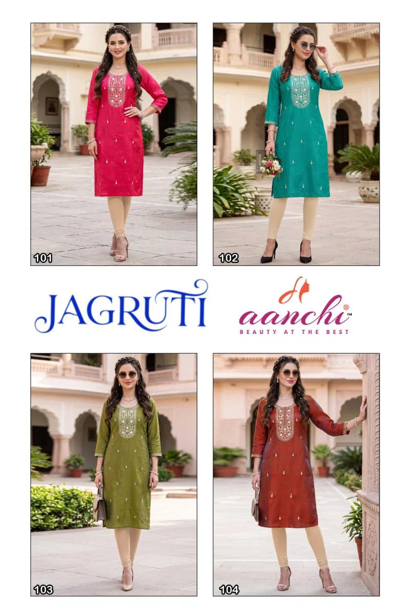 Aanchi Jagruti Glass Silk Embroidered Kurti Collection