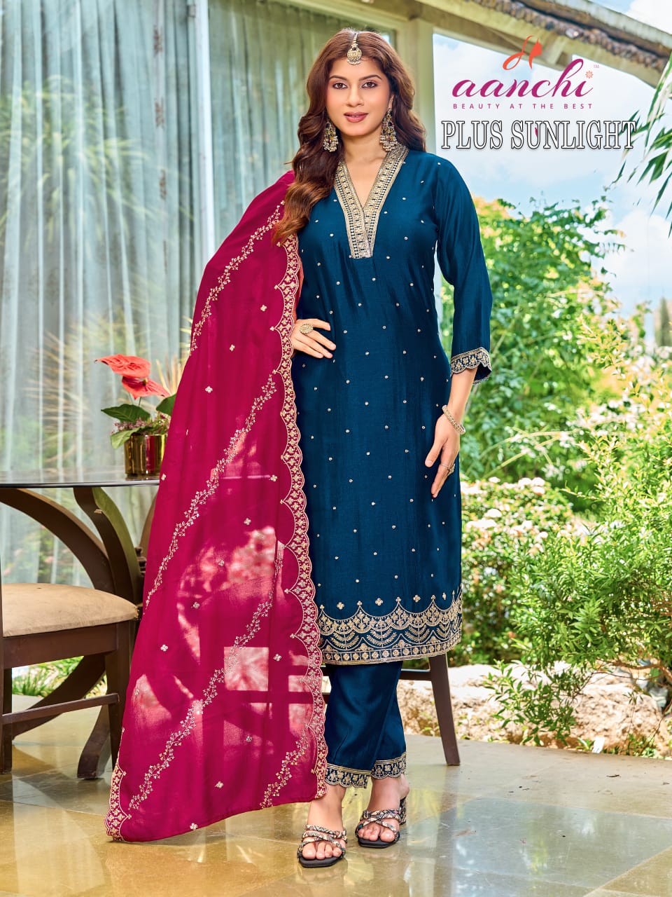 Aanchi Plus Sunlight Vichitra Silk Embroidered Kurti With Bottom Dupatta
