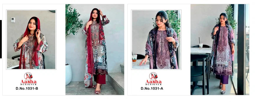 Aasha 1031 A And B Chiffon Dupatta Cotton Print With Embroidered Salwar Kameez