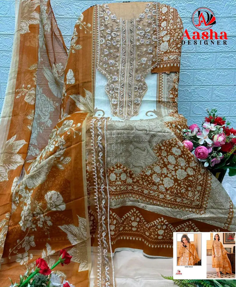 Aasha 1033 And 1034 Chiffon Dupatta Cotton Printed Embroidery Worked Pakistani Salwar Kameez