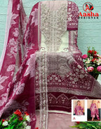 Aasha 1033 And 1034 Chiffon Dupatta Cotton Printed Embroidery Worked Pakistani Salwar Kameez