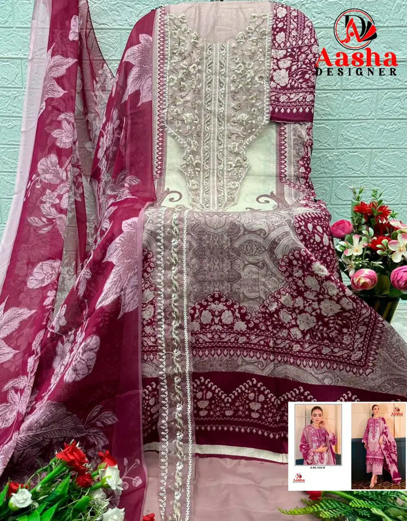 Aasha 1033 And 1034 Chiffon Dupatta Cotton Printed Embroidery Worked Pakistani Salwar Kameez